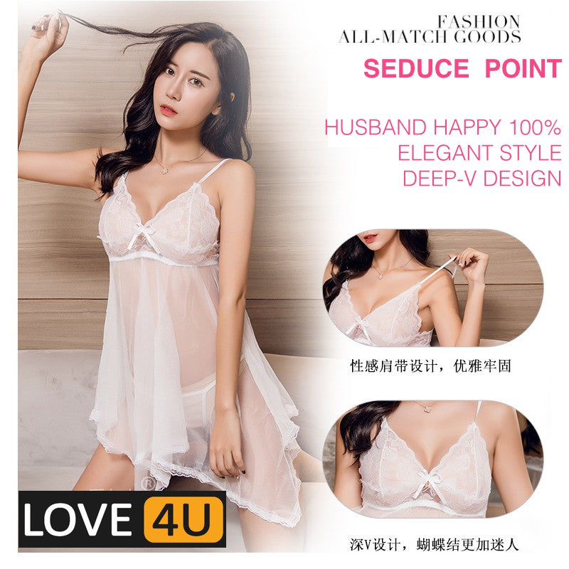 【LOVE4U】Quality Women Sexy Lingerie Lace Transparent Dress BAJU SEKSI MENGODA G String Intimate Lingerie Sleepwear 情趣内衣