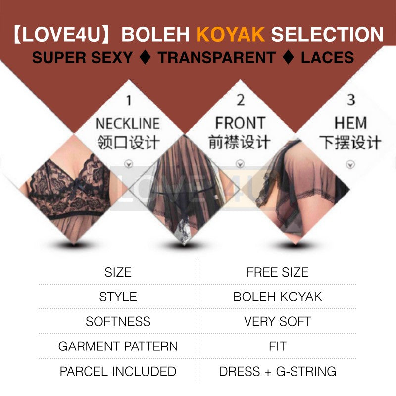 【LOVE4U】Quality Women Sexy Lingerie Lace Transparent Dress BAJU SEKSI MENGODA G String Intimate Lingerie Sleepwear 情趣内衣