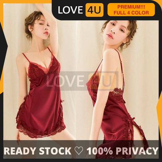 【LOVE4U】READY STOCK Vintage Lace Ice Silk Satin Babydoll Dress Sexy Lingerie Sleepwear Nightwear Pyjamas Plus Size Night