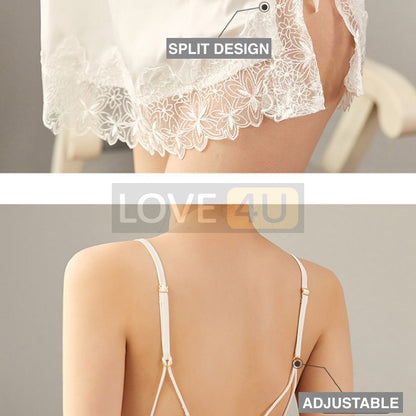 【LOVE4U】READY STOCK Vintage Lace Ice Silk Satin Babydoll Dress Sexy Lingerie Sleepwear Nightwear Pyjamas Plus Size Night