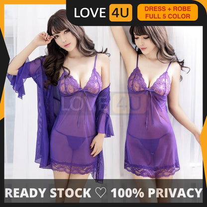 【READY STOCK】Sexy Transparent Lingerie BabyDoll Lace Robes G-String Pyjamas 3 Pcs Set Sleepwear「5 colours」