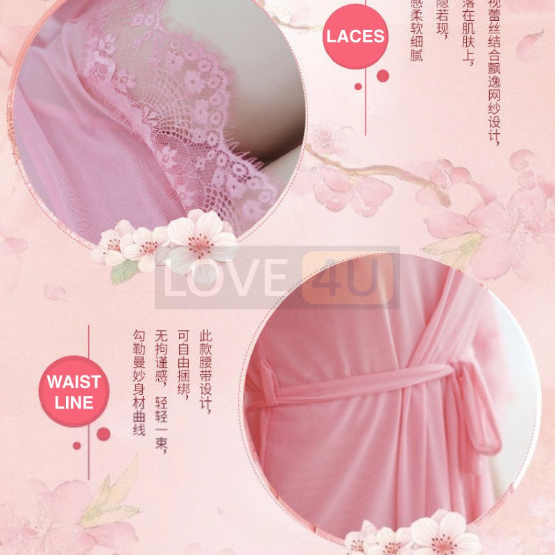 【READY STOCK】Sexy Transparent Lingerie BabyDoll Lace Robes G-String Pyjamas 3 Pcs Set Sleepwear「5 colours」