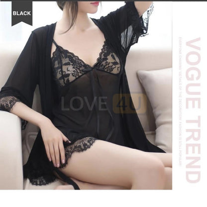 【READY STOCK】Sexy Transparent Lingerie BabyDoll Lace Robes G-String Pyjamas 3 Pcs Set Sleepwear「5 colours」