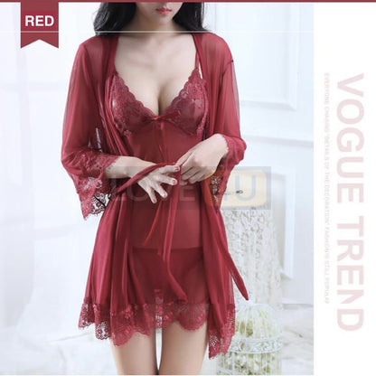 【READY STOCK】Sexy Transparent Lingerie BabyDoll Lace Robes G-String Pyjamas 3 Pcs Set Sleepwear「5 colours」