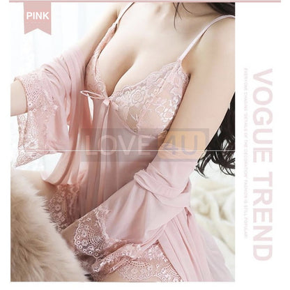 【READY STOCK】Sexy Transparent Lingerie BabyDoll Lace Robes G-String Pyjamas 3 Pcs Set Sleepwear「5 colours」