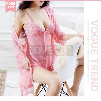 【READY STOCK】Sexy Transparent Lingerie BabyDoll Lace Robes G-String Pyjamas 3 Pcs Set Sleepwear「5 colours」