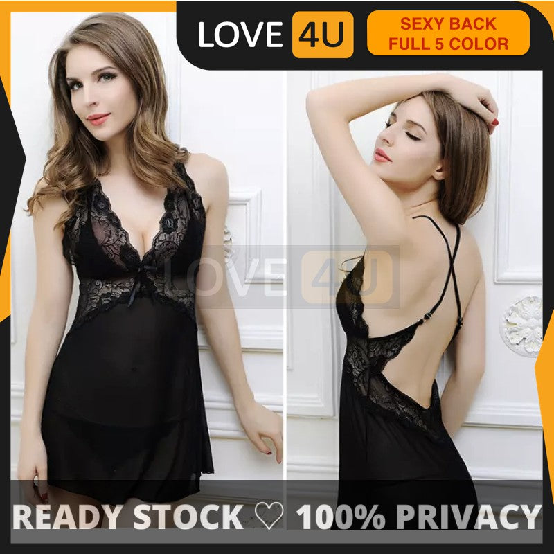 【READY STOCK】Deep-V Halter Lace Babydoll Transparent Sleepwear (5 Colour)