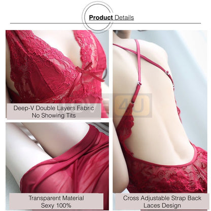 【READY STOCK】Deep-V Halter Lace Babydoll Transparent Sleepwear (5 Colour)